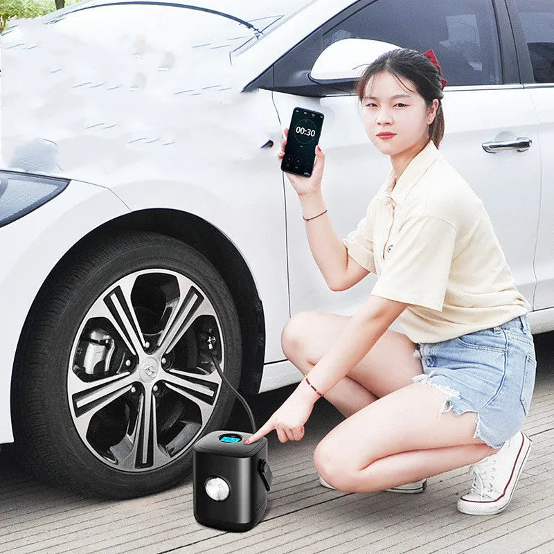 Portable car mini tire multi-function air pump with digital display, ABS body, 120W, 35L/min, black colour