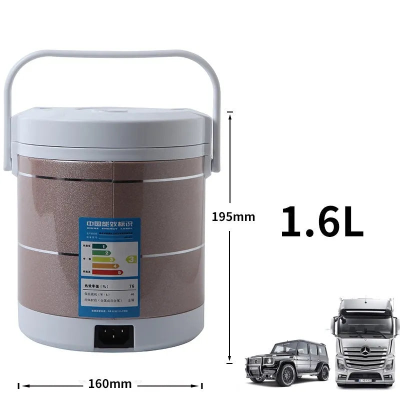 12V 24V mini rice cooker with 1.6L capacity, stainless steel shell, blue colour, and cigarette lighter cable