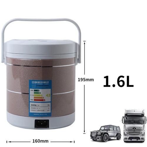 12V 24V mini rice cooker with 1.6L capacity, stainless steel shell, blue colour, and cigarette lighter cable