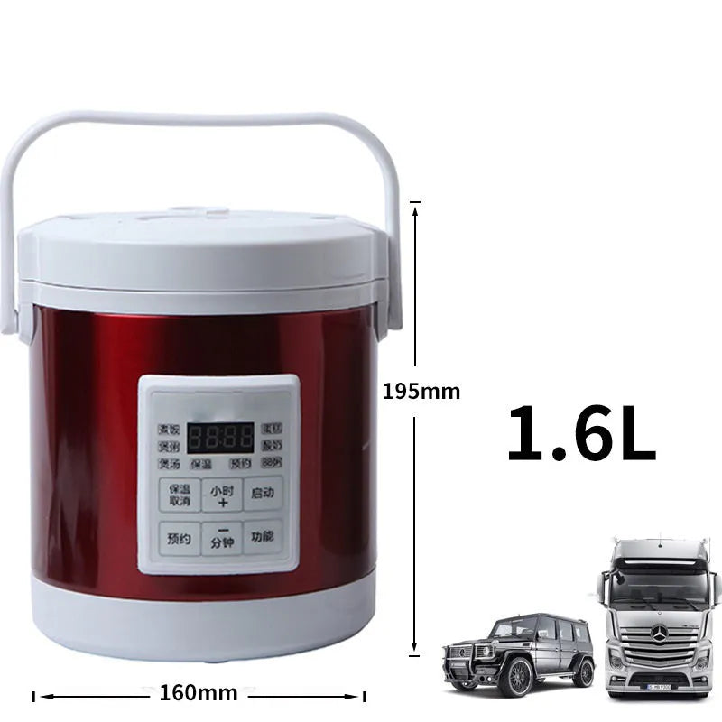 12V 24V mini rice cooker with 1.6L capacity, stainless steel shell, blue colour, and cigarette lighter cable