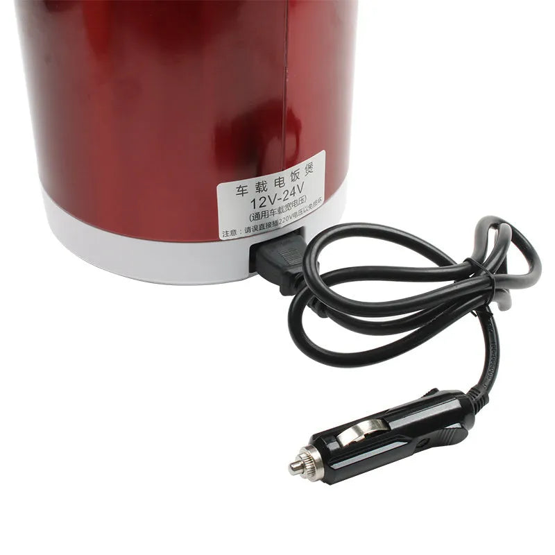 12V 24V mini rice cooker with 1.6L capacity, stainless steel shell, blue colour, and cigarette lighter cable