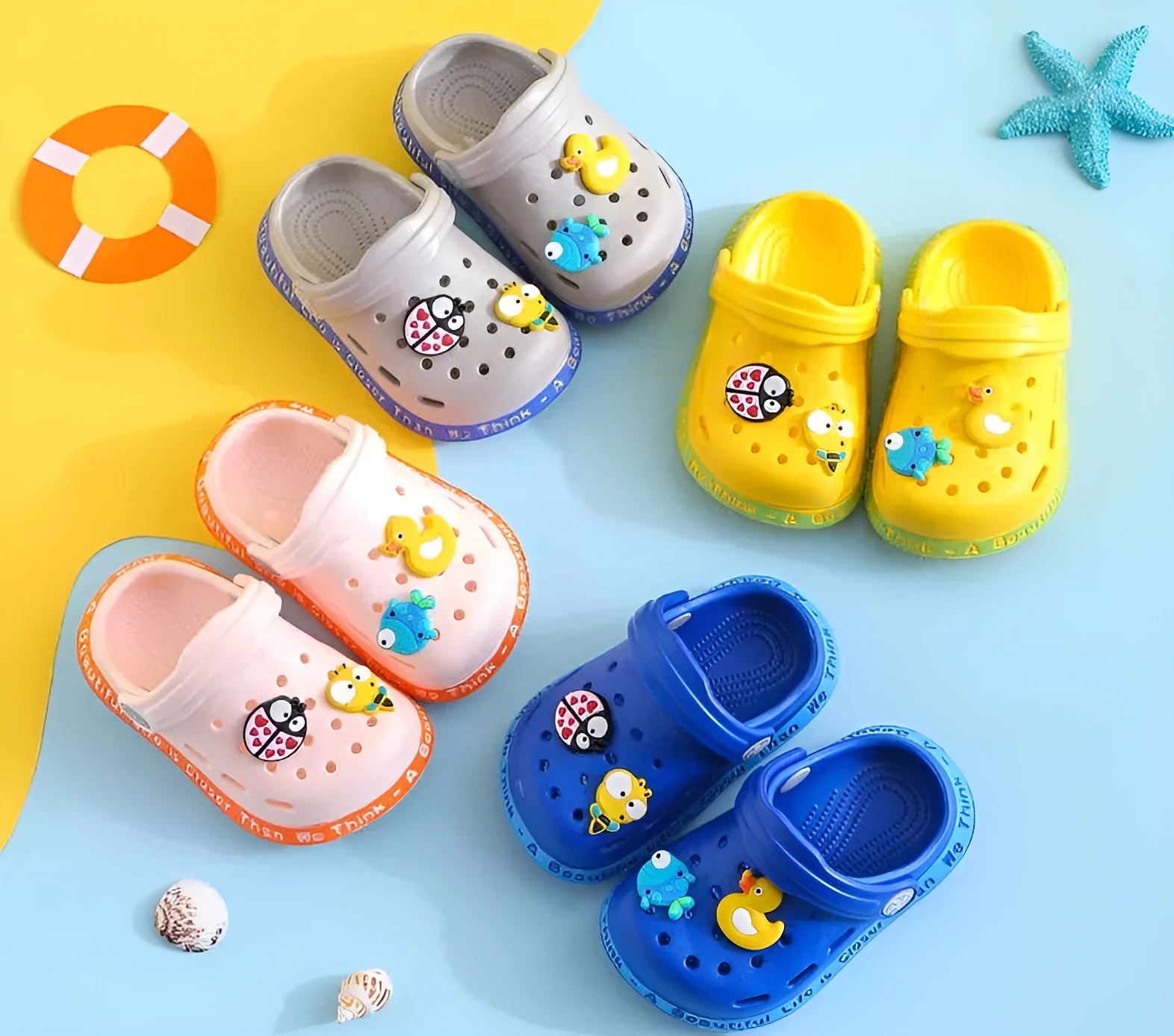 Children's PVC cartoon slippers with animal prints in yellow, blue, pink, grey, or sky blue colours