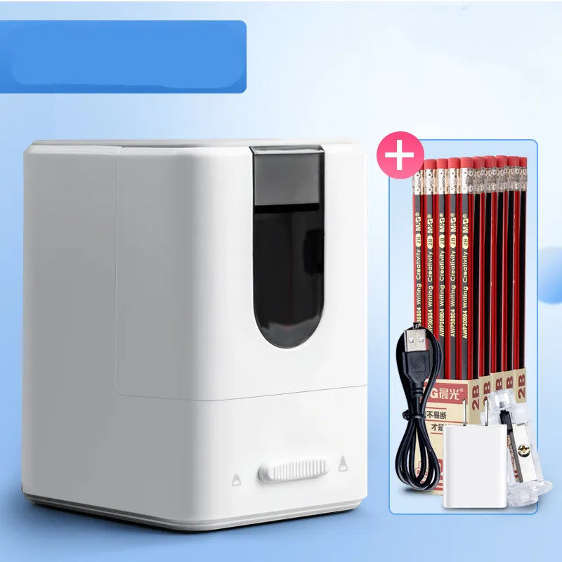 Chenguang electric pencil sharpener in white or blue with knife holder, power cord and battery.