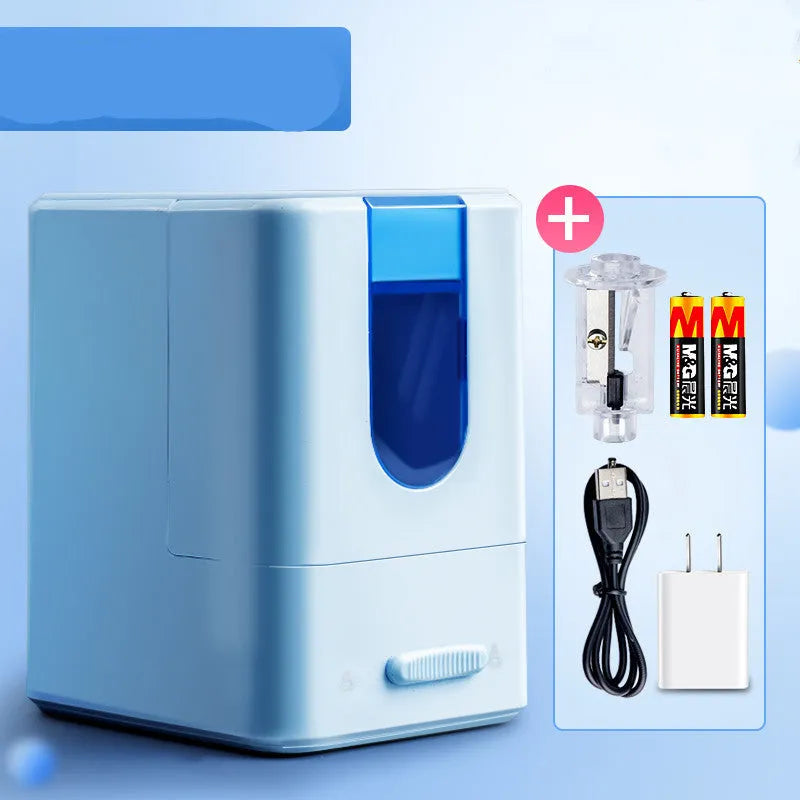 Chenguang electric pencil sharpener in white or blue with knife holder, power cord and battery.