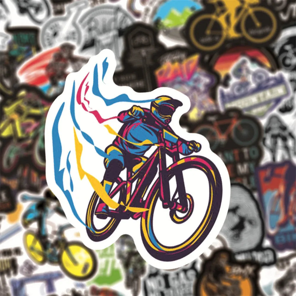Pack of 50 bicycle doodle stickers showing mountain bike, MTB, suitcase, and skateboard designs on a sheet.