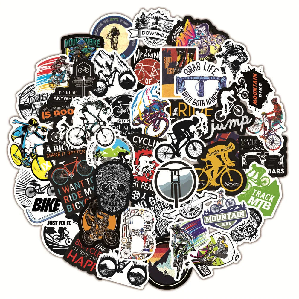 Pack of 50 bicycle doodle stickers showing mountain bike, MTB, suitcase, and skateboard designs on a sheet.