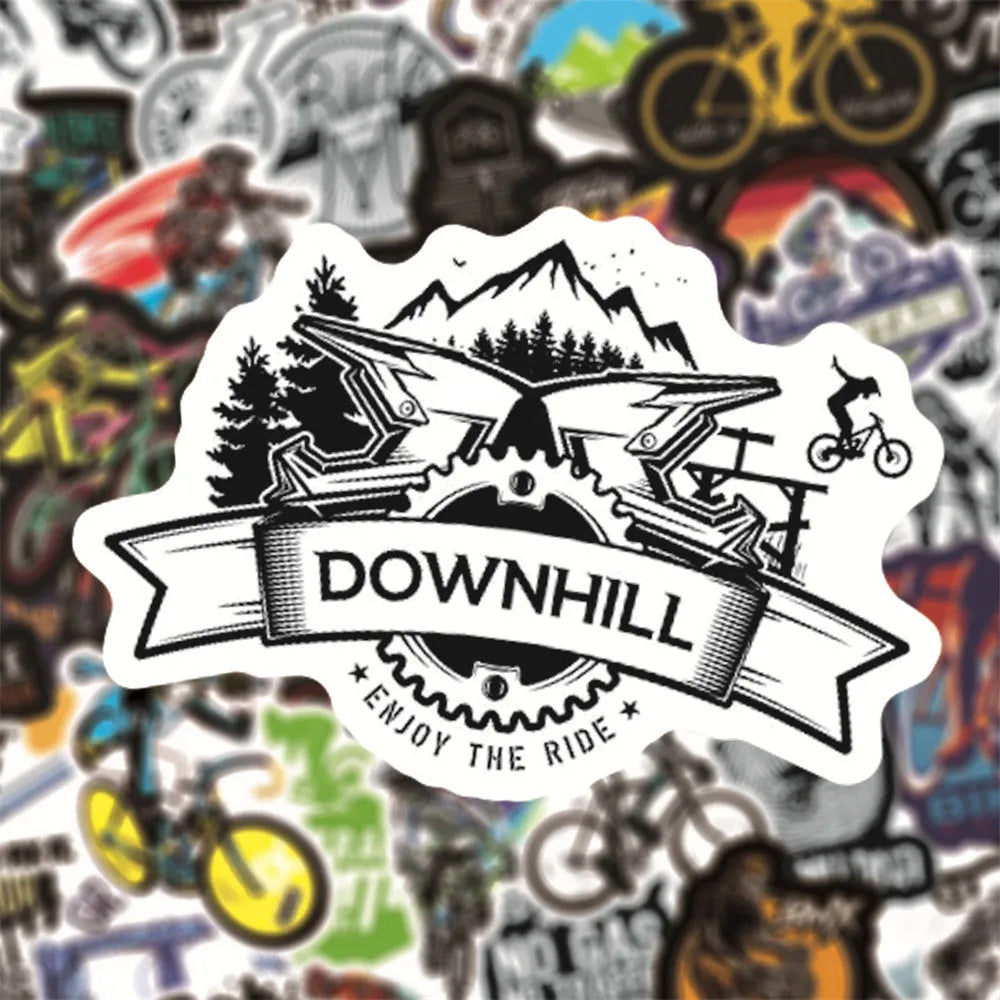 Pack of 50 bicycle doodle stickers showing mountain bike, MTB, suitcase, and skateboard designs on a sheet.