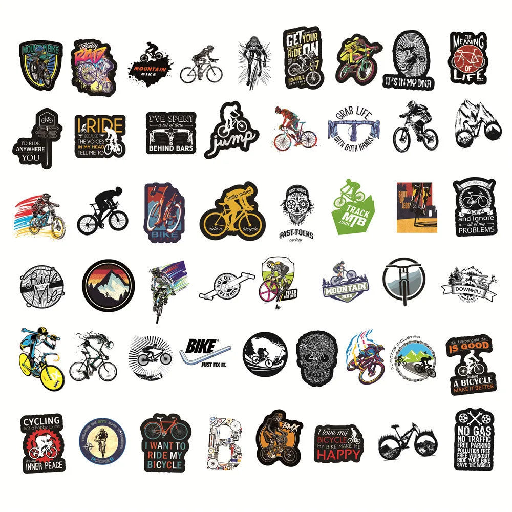Pack of 50 bicycle doodle stickers showing mountain bike, MTB, suitcase, and skateboard designs on a sheet.