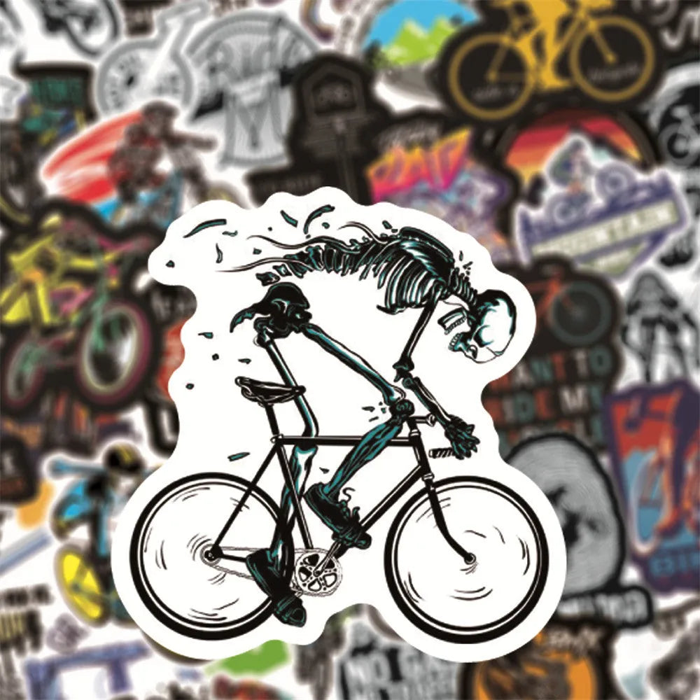 Pack of 50 bicycle doodle stickers showing mountain bike, MTB, suitcase, and skateboard designs on a sheet.