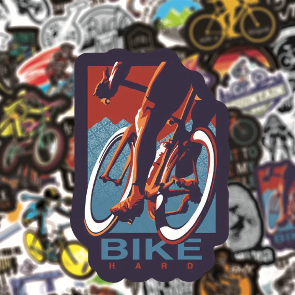 Pack of 50 bicycle doodle stickers showing mountain bike, MTB, suitcase, and skateboard designs on a sheet.