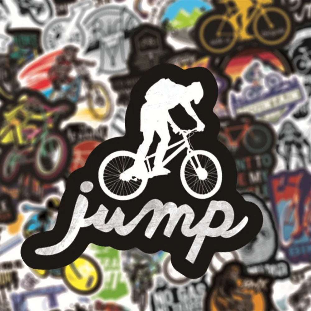 Pack of 50 bicycle doodle stickers showing mountain bike, MTB, suitcase, and skateboard designs on a sheet.