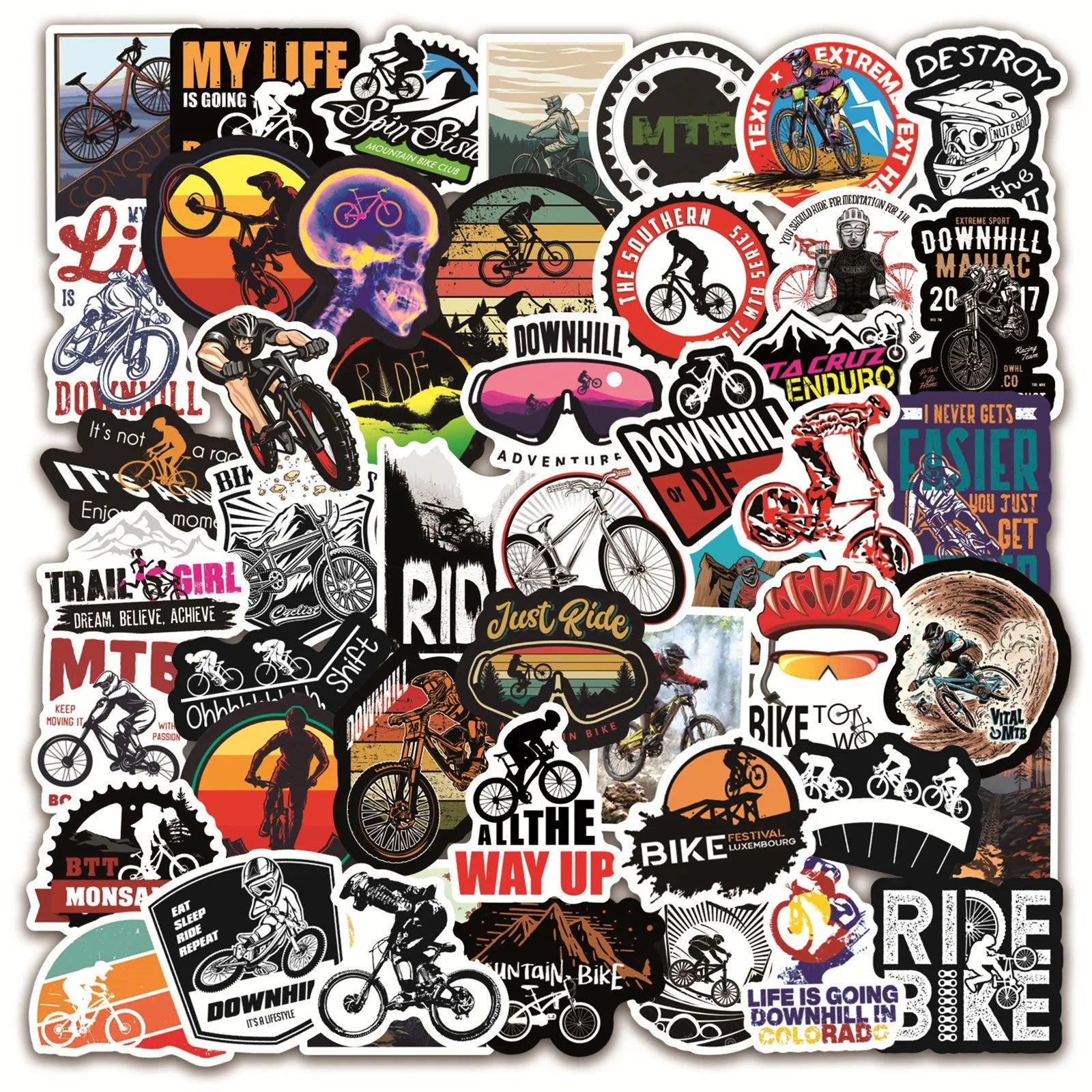 Pack of 50 bicycle doodle stickers showing mountain bike, MTB, suitcase, and skateboard designs on a sheet.