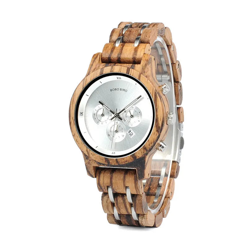 Men's wooden watch with round dial, wooden strap and case, quartz movement, mineral glass mirror, butterfly clasp