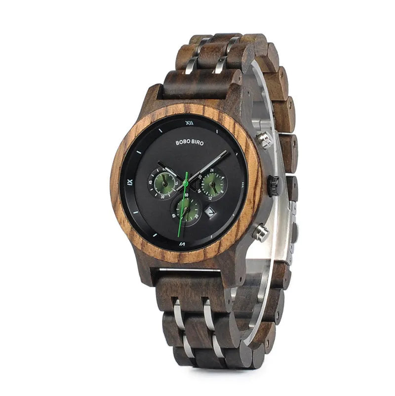 Men's wooden watch with round dial, wooden strap and case, quartz movement, mineral glass mirror, butterfly clasp