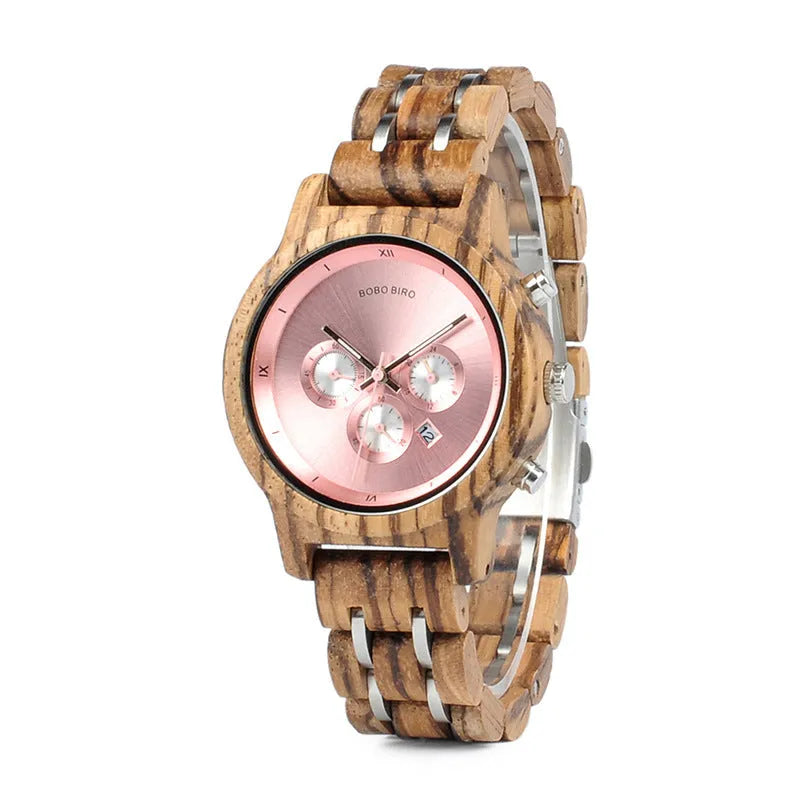 Men's wooden watch with round dial, wooden strap and case, quartz movement, mineral glass mirror, butterfly clasp