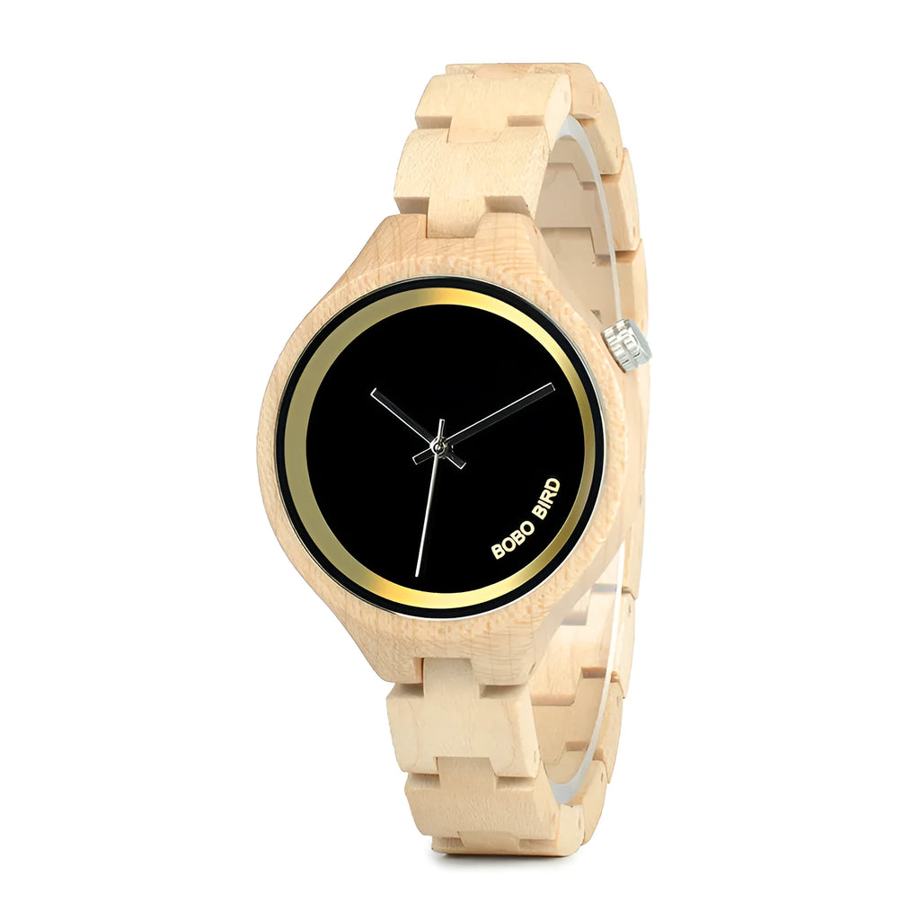 Men's wooden watch with round dial, wooden strap and case, quartz movement, mineral glass mirror, butterfly clasp