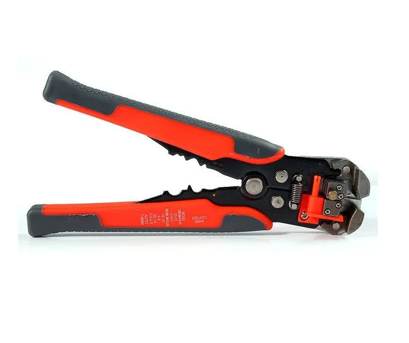 Yellow automatic wire stripper crimping plier with adjustment screw and alloy steel jaws