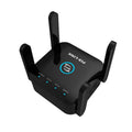 White and Black Pixlink AC24 dual frequency wireless WiFi extender with international power plugs.