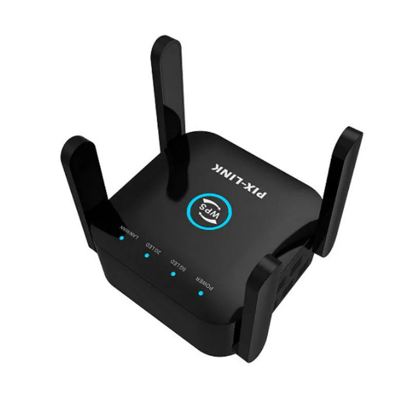 White and Black Pixlink AC24 dual frequency wireless WiFi extender with international power plugs.