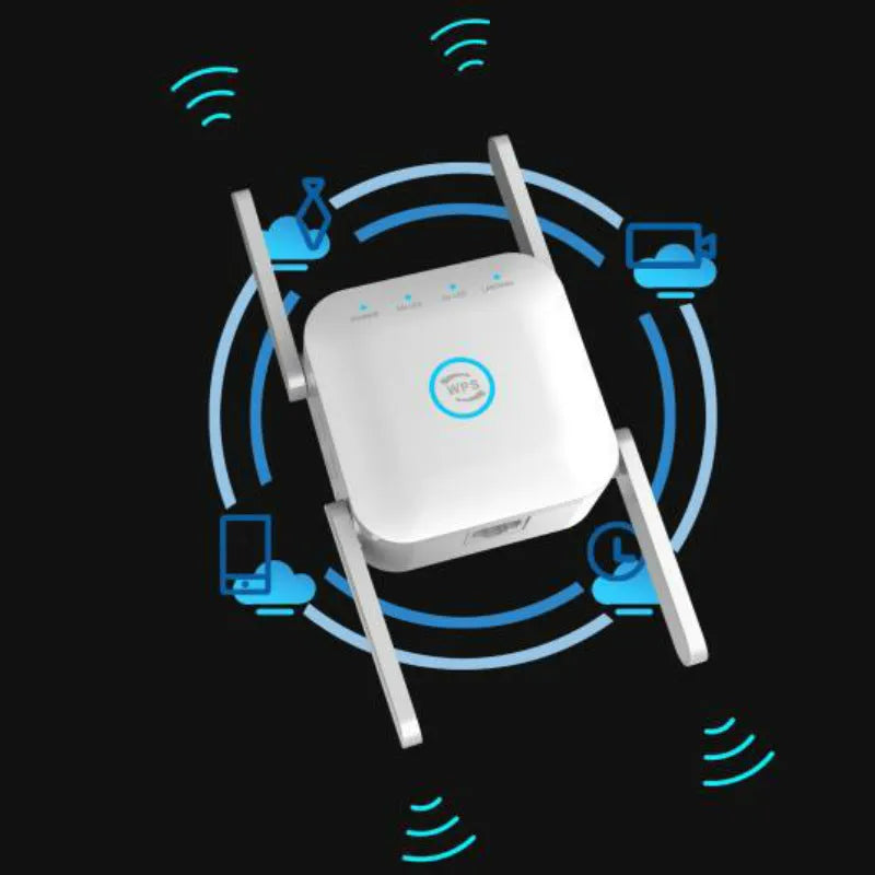 White and Black Pixlink AC24 dual frequency wireless WiFi extender with international power plugs.