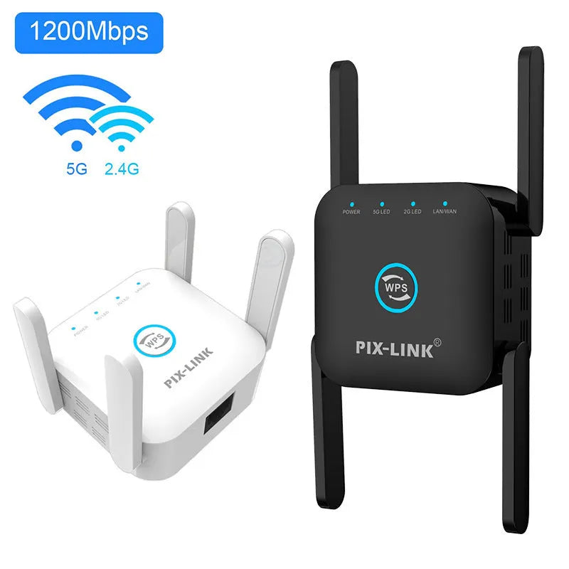 White and Black Pixlink AC24 dual frequency wireless WiFi extender with international power plugs.