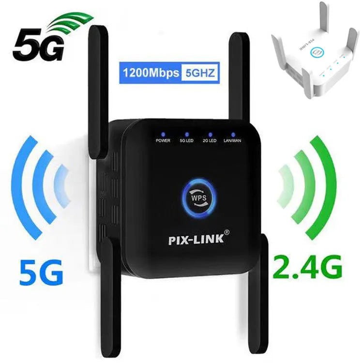 White and Black Pixlink AC24 dual frequency wireless WiFi extender with international power plugs.