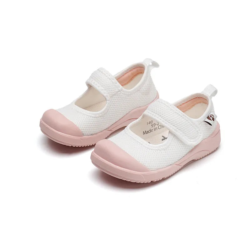 White children's cloth shoes with mesh uppers, Velcro fastening, and non-slip soles for toddler boys and girls