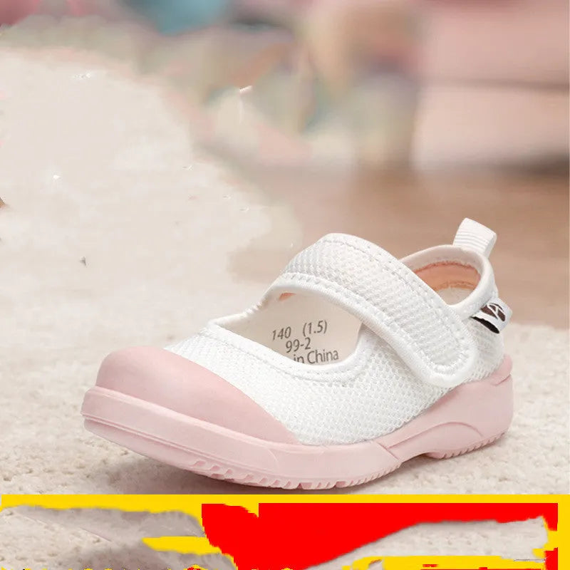 White children's cloth shoes with mesh uppers, Velcro fastening, and non-slip soles for toddler boys and girls