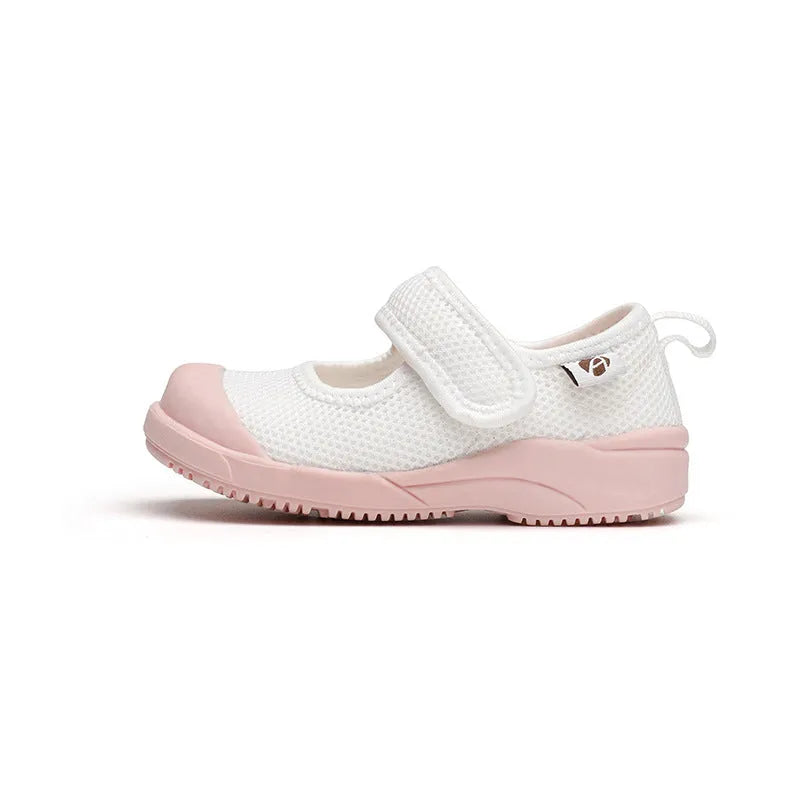 White children's cloth shoes with mesh uppers, Velcro fastening, and non-slip soles for toddler boys and girls