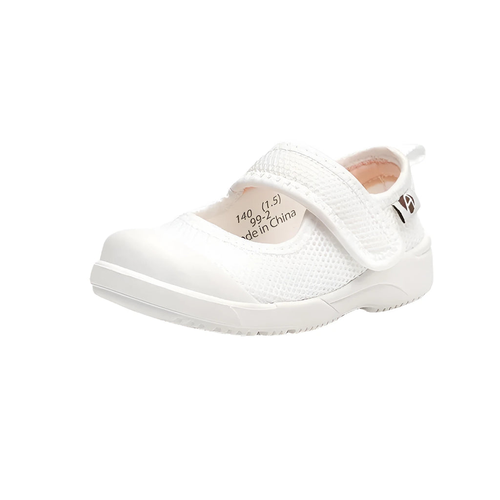 White children's cloth shoes with mesh uppers, Velcro fastening, and non-slip soles for toddler boys and girls