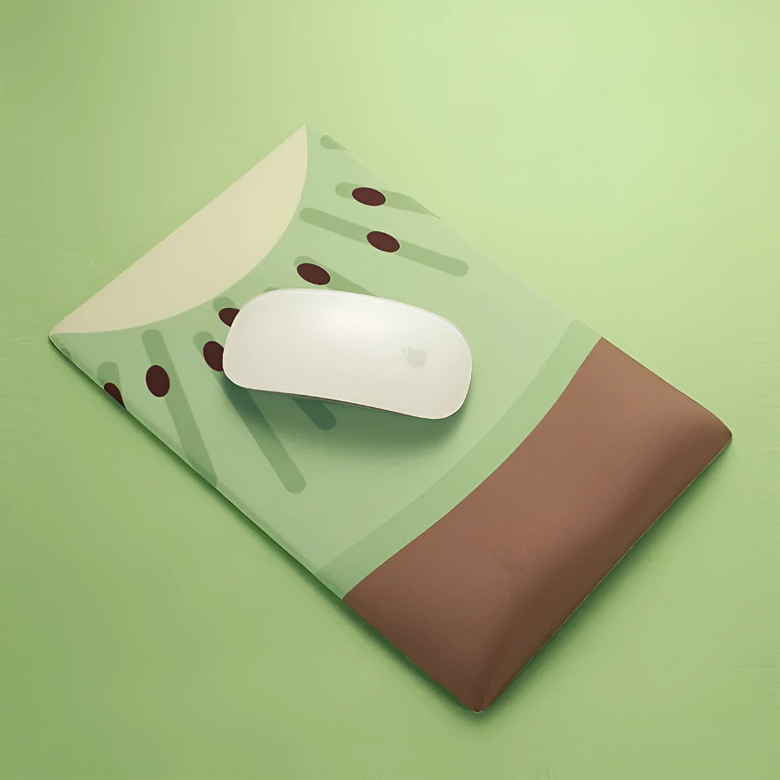 Green kiwi fruit themed mouse pad with integrated thick grey wrist support cushion on a desk.