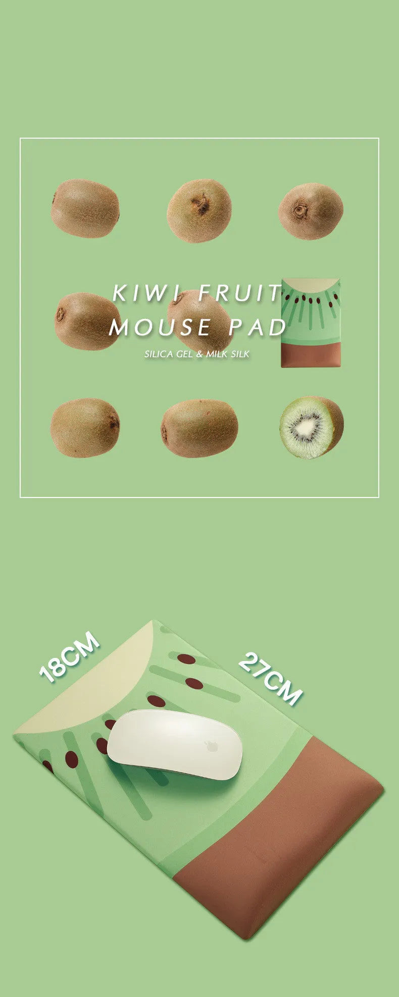 Green kiwi fruit themed mouse pad with integrated thick grey wrist support cushion on a desk.