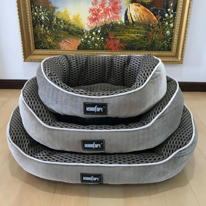 Summer cool dog kennel with mesh sides and brown cotton filling, available in multiple sizes and colours