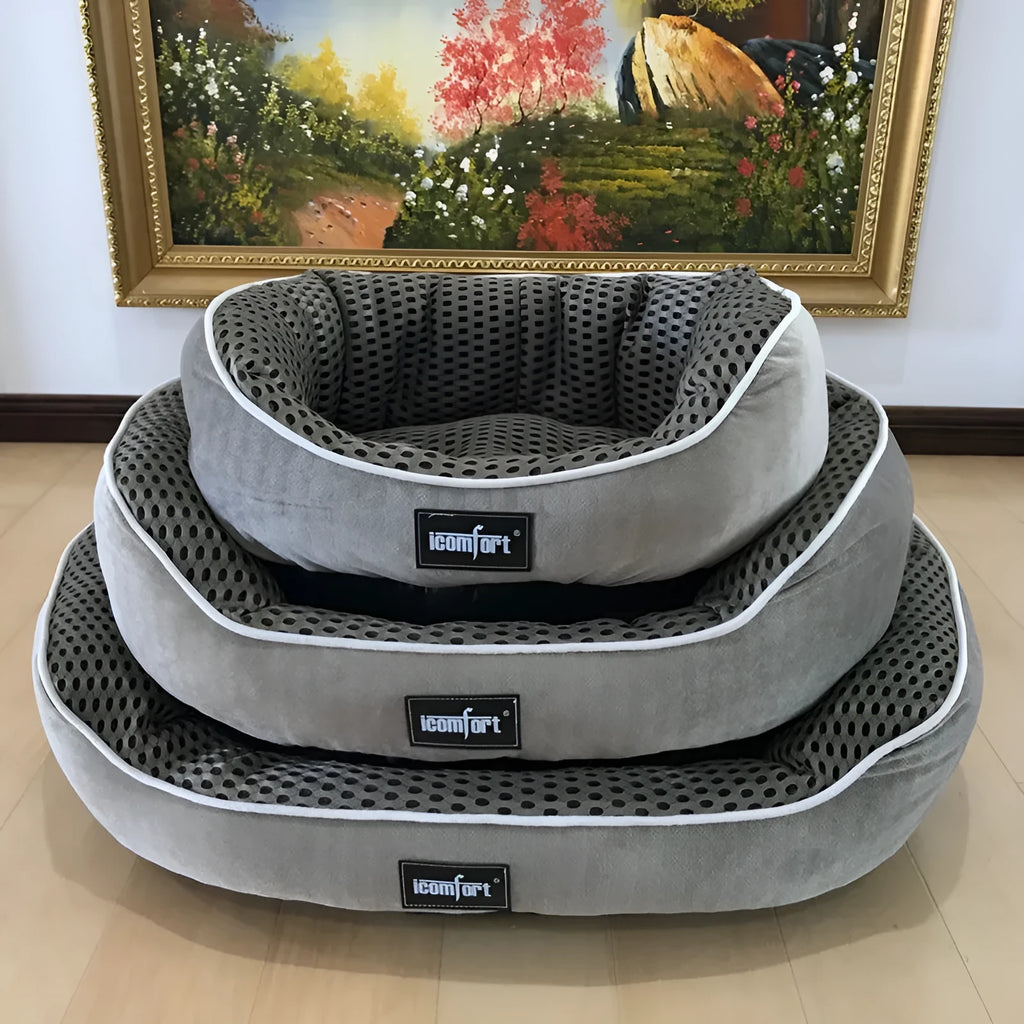 Summer cool dog kennel with mesh sides and brown cotton filling, available in multiple sizes and colours