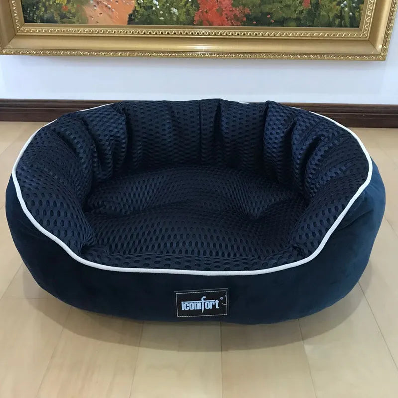 Summer cool dog kennel with mesh sides and brown cotton filling, available in multiple sizes and colours