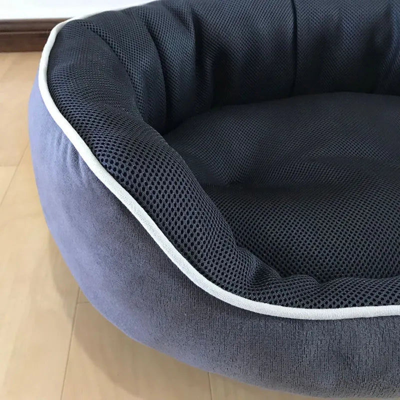 Summer cool dog kennel with mesh sides and brown cotton filling, available in multiple sizes and colours