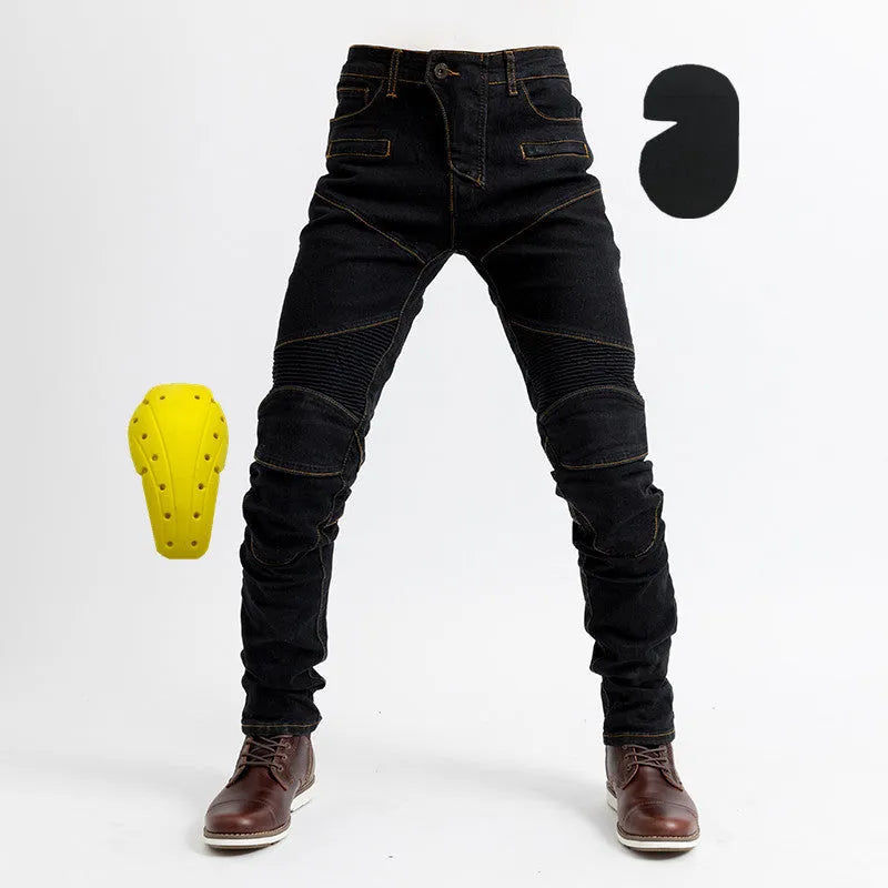 Professional racing pants in blue with printed chiffon fabric and integrated protective gear