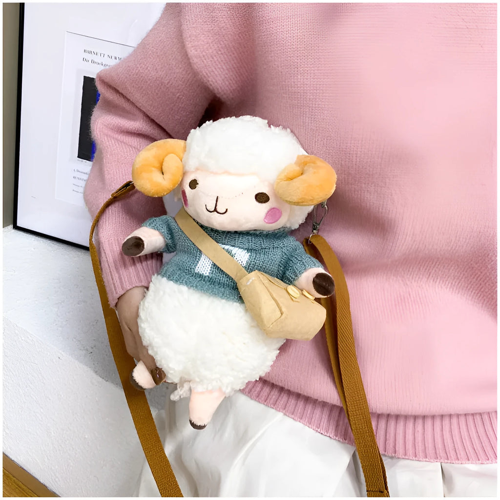 Little Sheep plush crossbody bag in small square shape with lamb pattern and zip closure