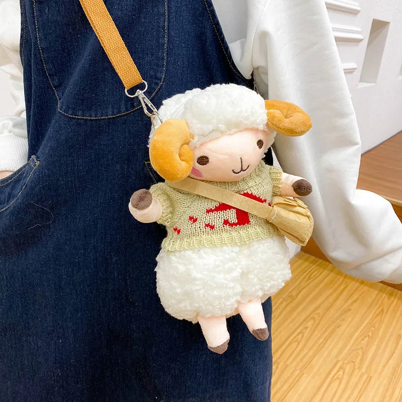 Little Sheep plush crossbody bag in small square shape with lamb pattern and zip closure