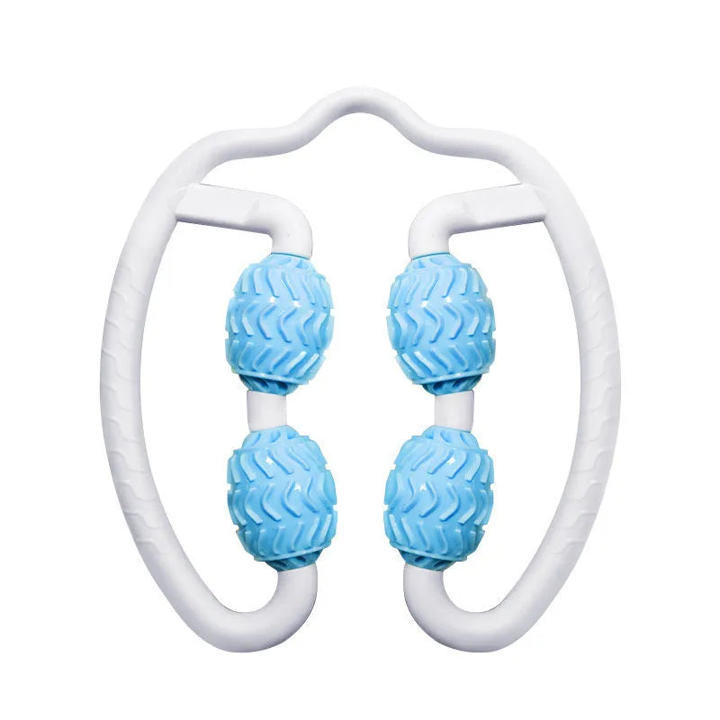 Purple and pink silicone annular leg massage rollers for calf muscle recovery.