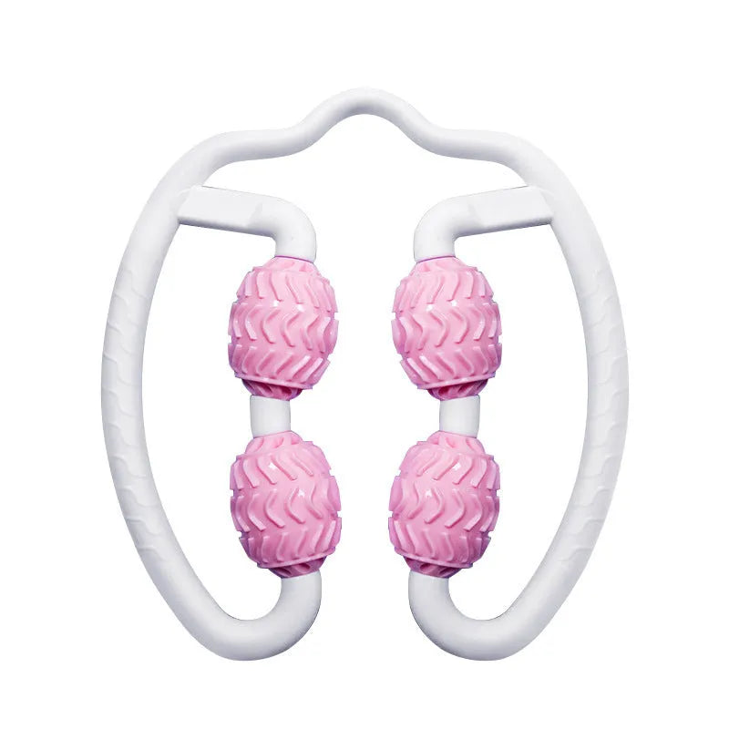 Purple and pink silicone annular leg massage rollers for calf muscle recovery.