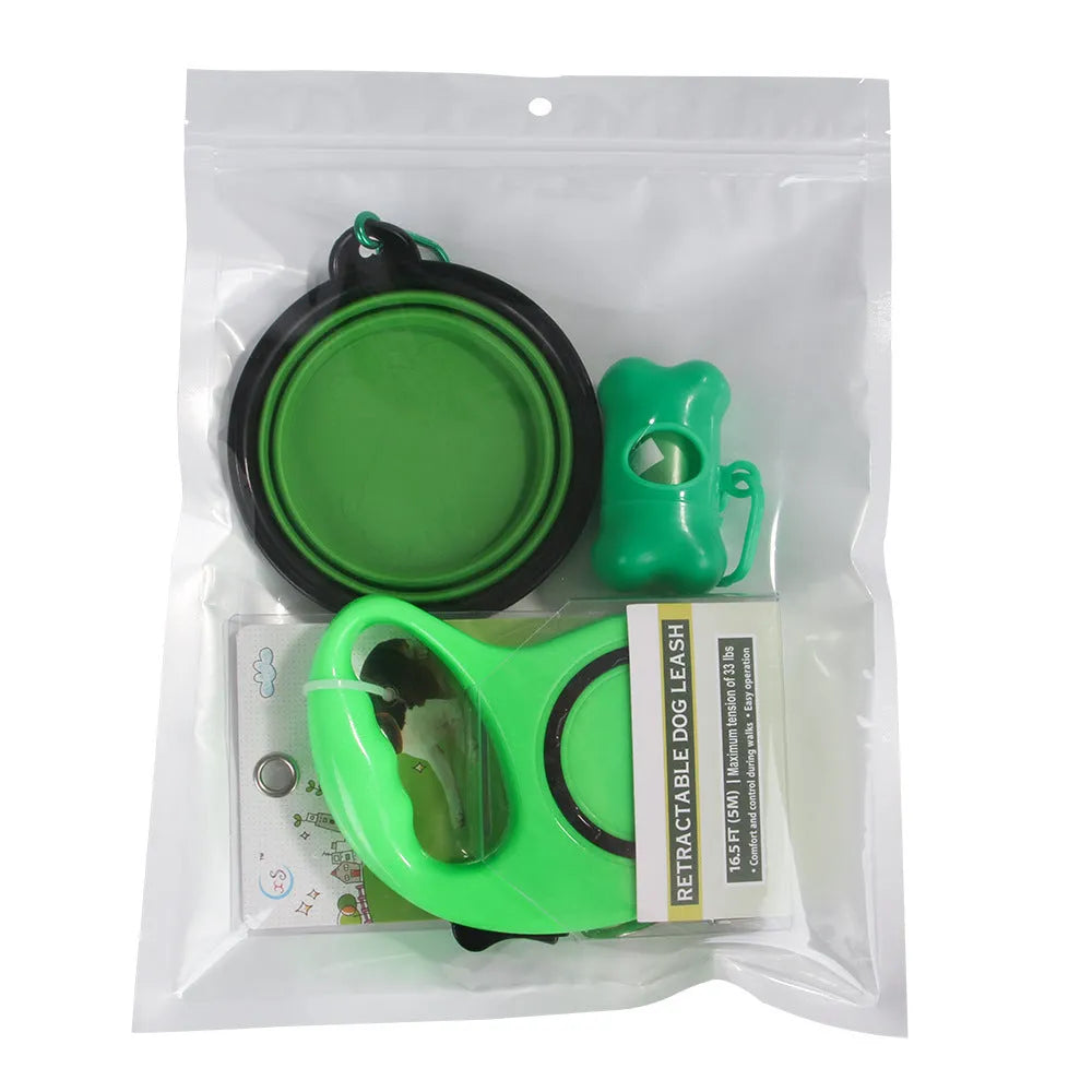 Dog traction rope folding bowl 3-in-1 set in blue and green PP material for outdoor walks