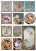 Pack of eleven European angel character sticker sheets showing detailed cherub illustrations in photo colours, each sheet sized between 4 and 9cm.