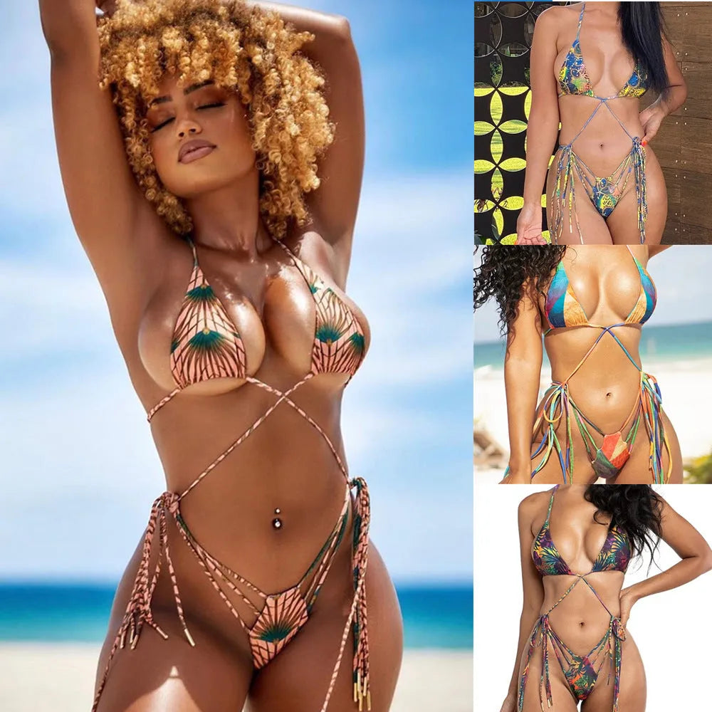 Floral digital print strappy bikini swimsuit for women, open back, chest pad, sizes S to XL