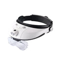 Headband-mounted magnifying glass with five interchangeable acrylic lenses and two white LED lights on the frame.