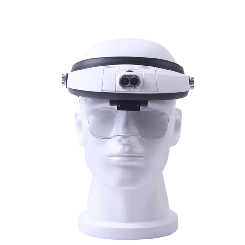 Headband-mounted magnifying glass with five interchangeable acrylic lenses and two white LED lights on the frame.