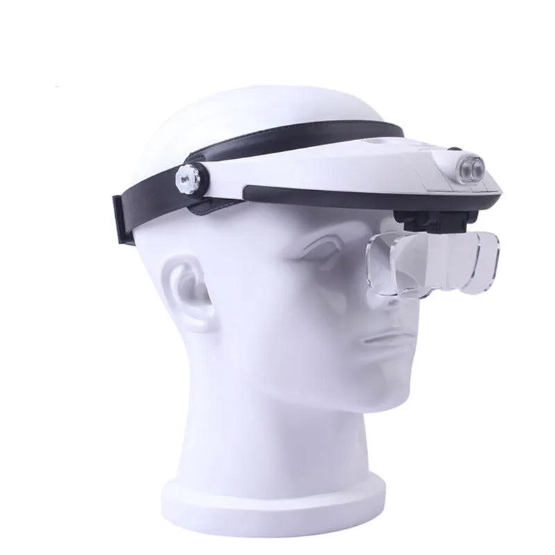 Headband-mounted magnifying glass with five interchangeable acrylic lenses and two white LED lights on the frame.