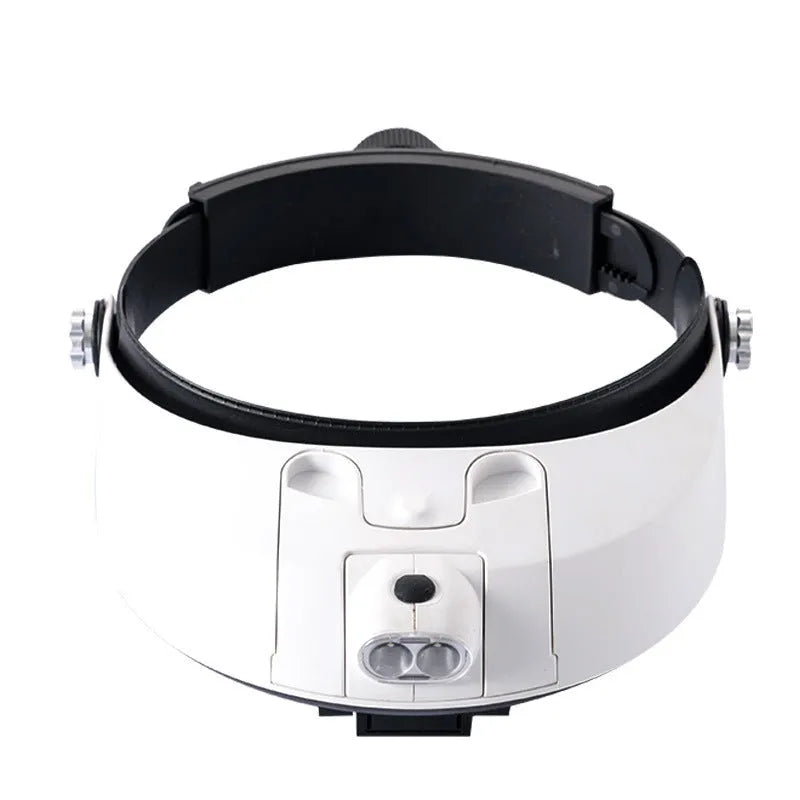 Headband-mounted magnifying glass with five interchangeable acrylic lenses and two white LED lights on the frame.