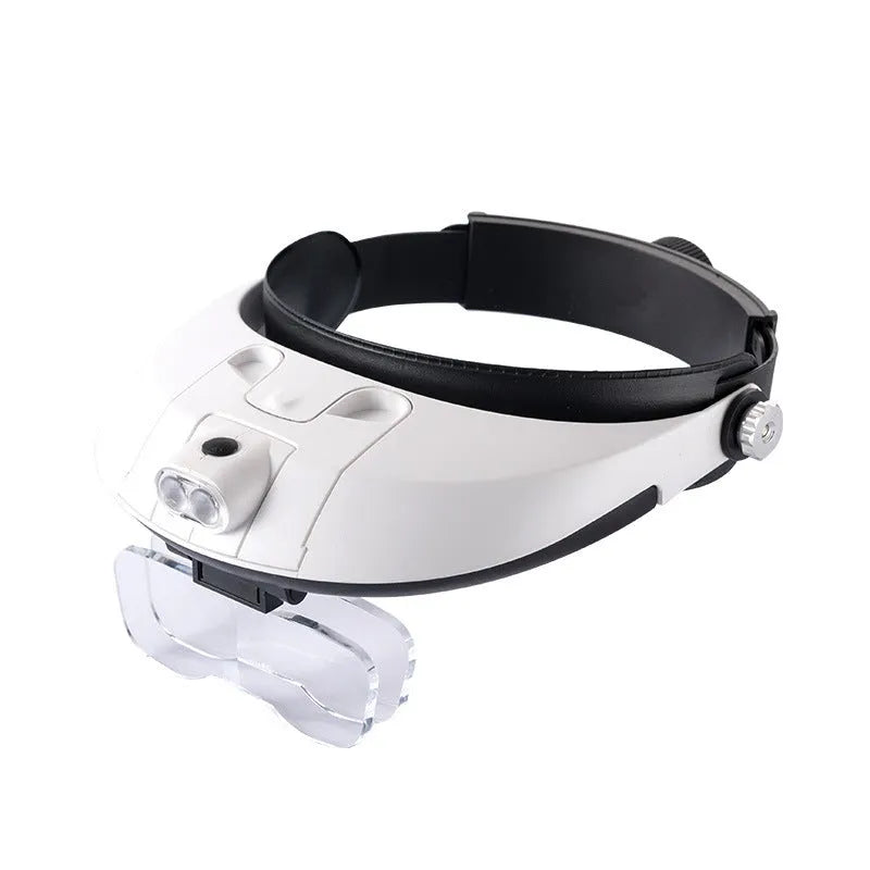 Headband-mounted magnifying glass with five interchangeable acrylic lenses and two white LED lights on the frame.