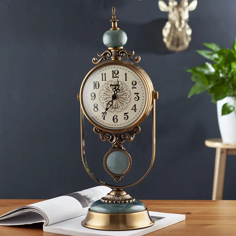 12-inch retro table clock with ceramic finish metal shell and glass mirror in living room